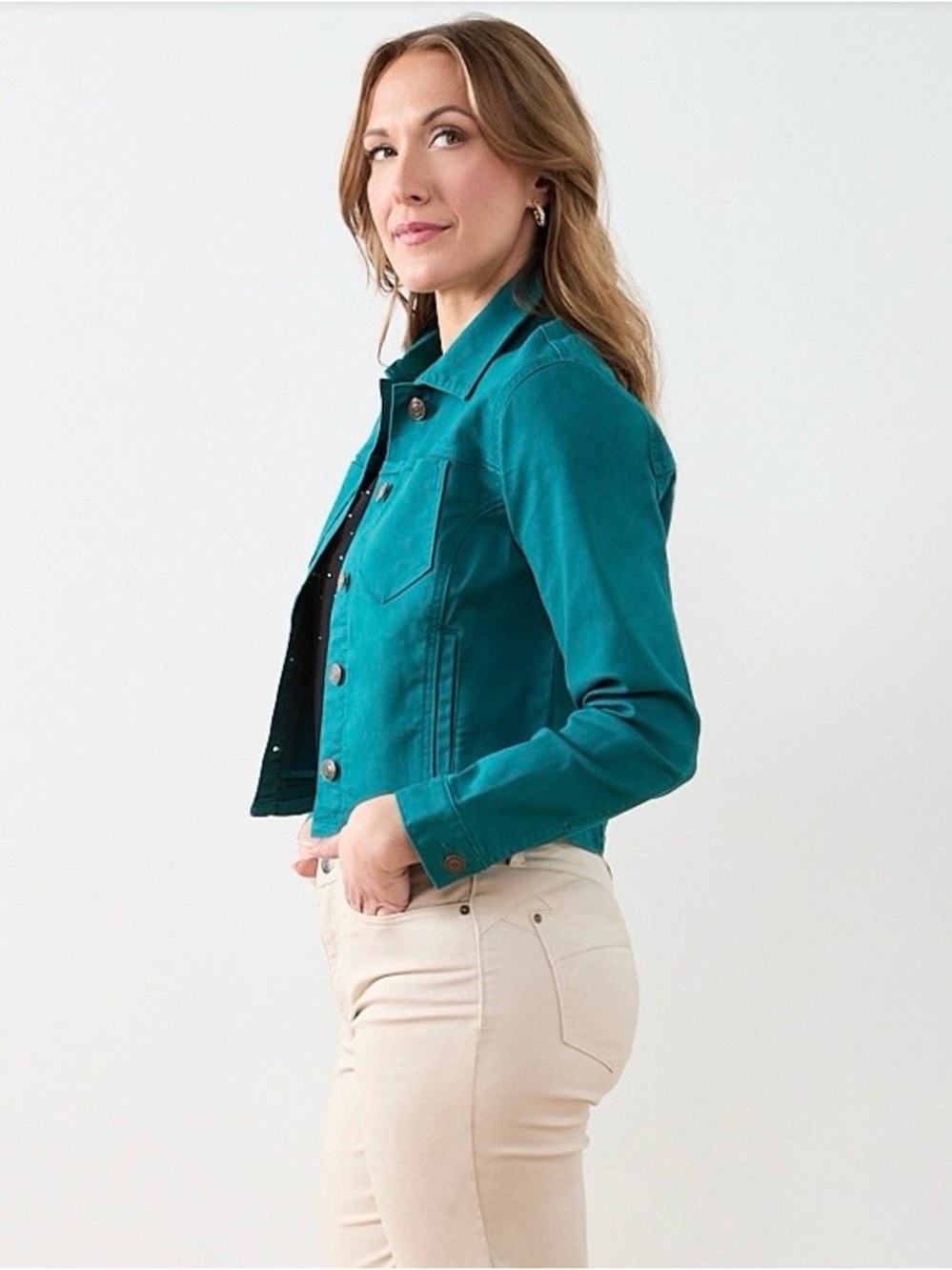 cleo Peacock (Teal) Coloured Cropped Fitted Denim Jacket Size S - Picture 3 of 12